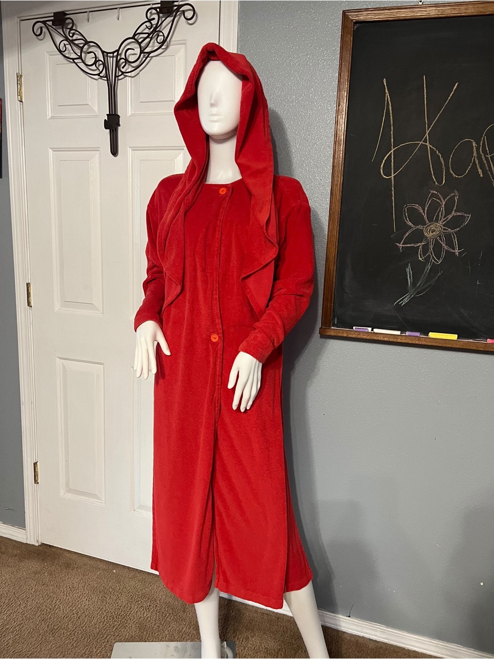 Vintage Shamask Original Red Terry Cloth Hooded Maxi Robe Size S Designer